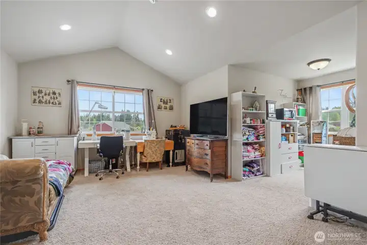HUGE upstairs bonus room, love the cathedral ceilings, all the space, and there's washer and dryer hookup in the closet if you want a 2nd utility!