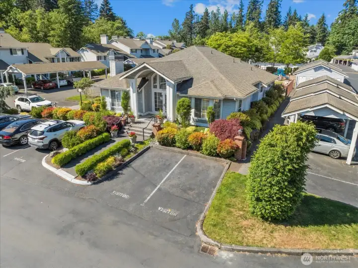 Pool, hot tub, sauna, fitness room, and rentable gathering space.