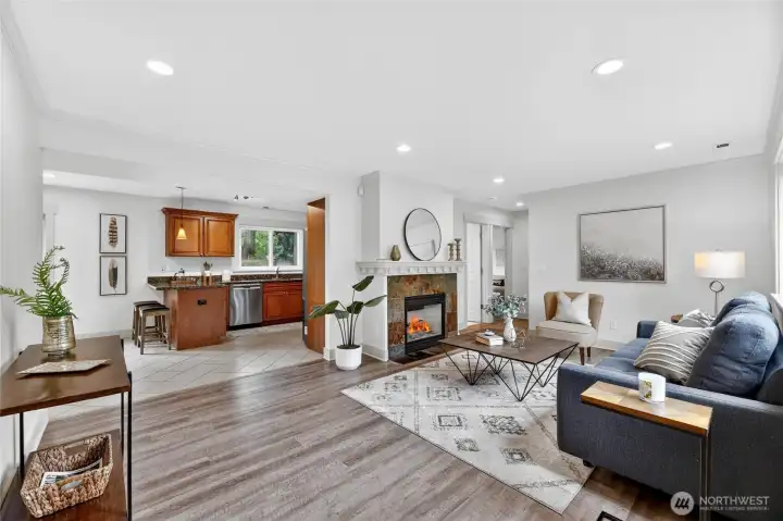 The first floor space flows nicely from the living room to the kitchen and dining room