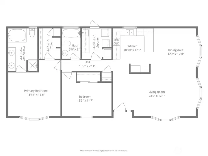 The floorplan gives you a great feel for how comfortably this home lives, with open main spaces, two bedrooms, two full baths, and everything on one level.