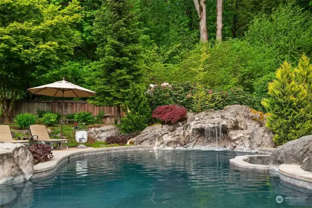 Pool is surrounded by gorgoues landscpaing. The rock is a perfect diving board!