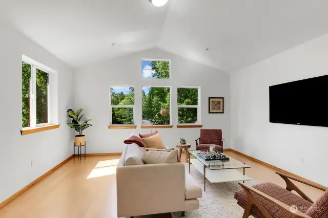 Considerably sized bonus room, illuminated with light from vaulted ceiling and wall of windows