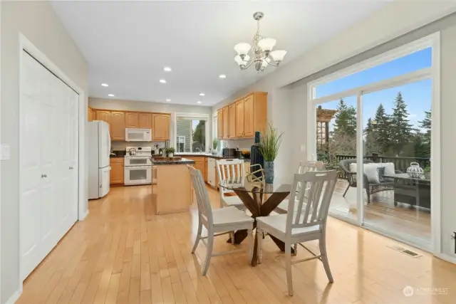 The everyday eating area is open to the kitchen. The glass slider provides easy access to the newer (2018) Trex deck. The doors to the left access the pantry.