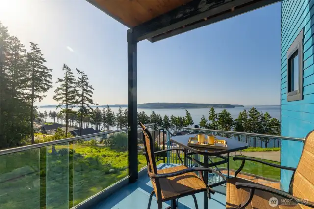 Waters view from the main level bedroom.  Watch the eagles as you wake and listen to the gray whales spouting as they feed at the water's edge