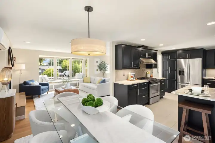 Dining, kitchen, and living room form circular floor - perfect for entertaining.