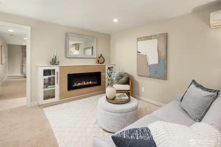 Living room in MIL with electric fire ambiance and mini split for year round heating/cooling comfort.