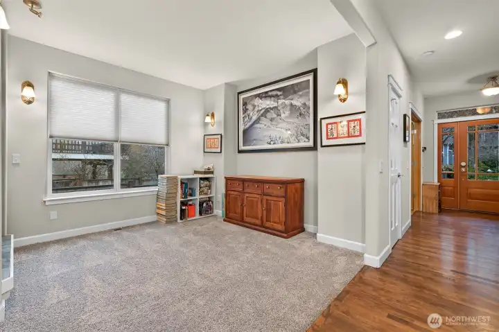 Dining area with double sided fireplace