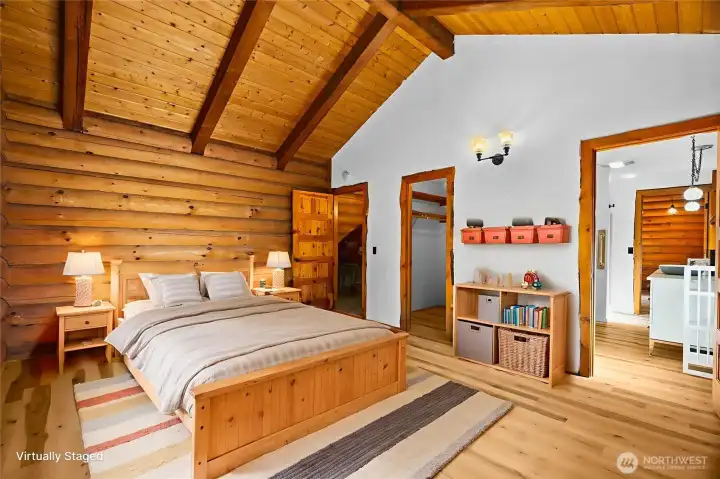 Upstairs bedroom virtually staged as a child’s room or guest room to showcase layout and potential.