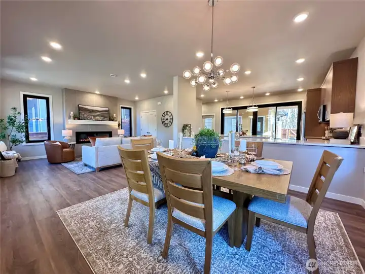 Spacious dining area with beautiful lighting