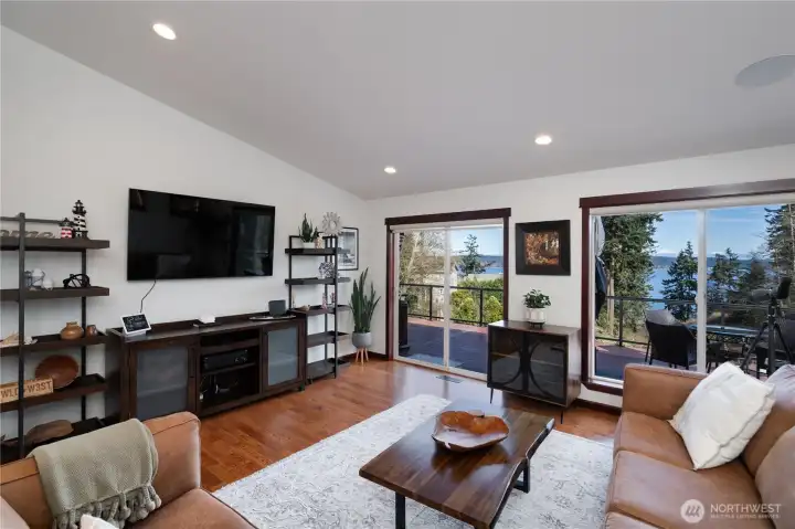 Views of Saratoga Passage, Camano Island + Cascade Mountains from the main living area