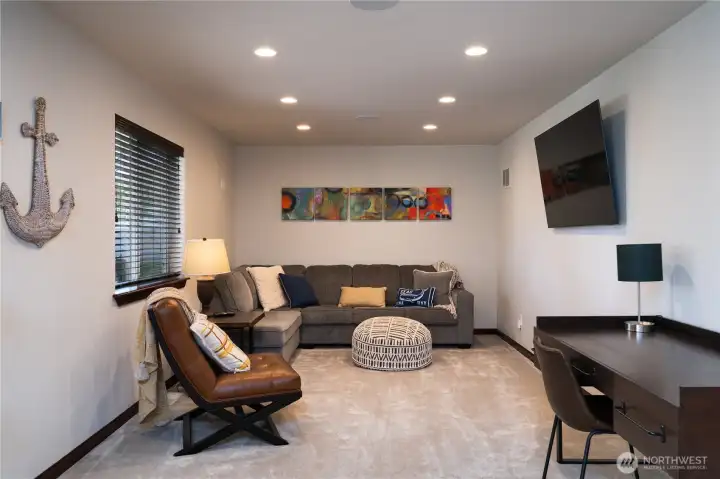 Bonus living room on the lower level with plush carpet, fresh paint + updated lighting.