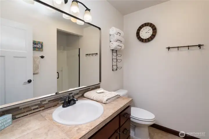 Well-maintained lower level bathroom with walk-in shower
