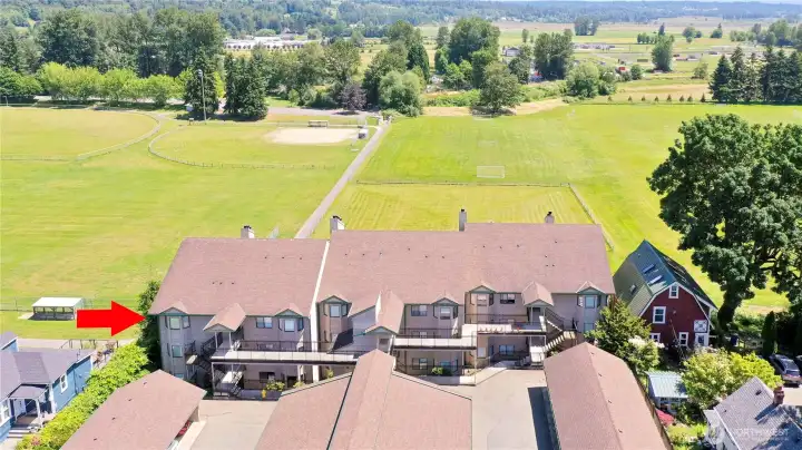 Great open space behind the complex with mountain views. Great open space behind the complex with mountain views.