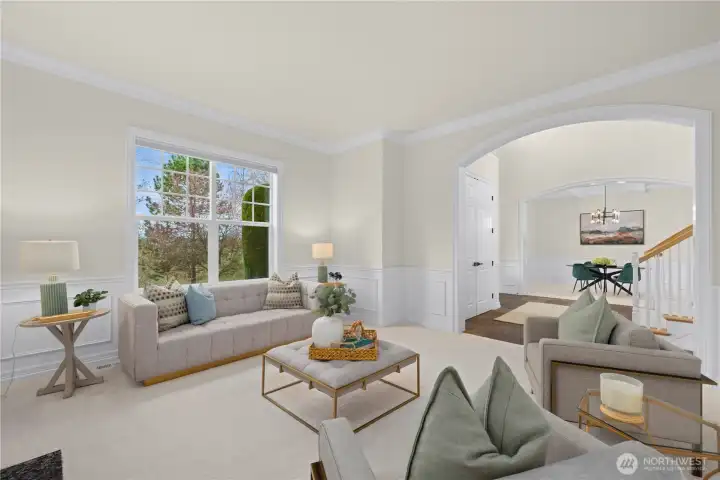 Reverse angle of great room from the fireplace. Fresh paint throughout.