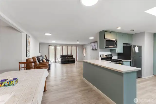 View of the kitchen, dining and living area.