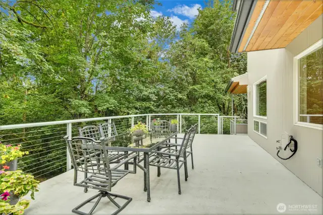 Expansive entertainment deck along the back of the house, perfect for enjoying your morning coffee or summer BBQs. A stunning extension of the home, surrounded by nature.