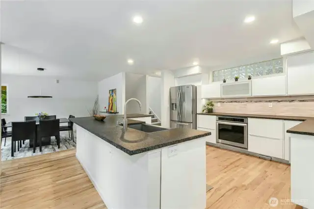 Huge kitchen island with ample seating, perfect for entertaining.