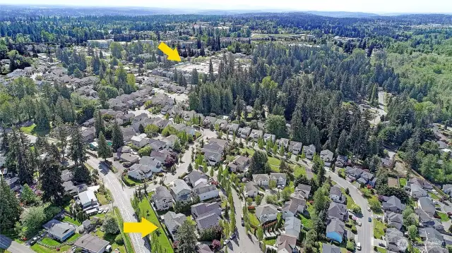 Arrow at the botom showing home off Jefferson Way.  The top arrow is where the new elementary school is under construction.  Past the school near the bridge is the Ash Way Park and Ride.