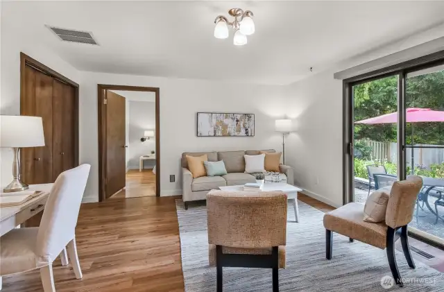 Transition from kitchen to main floor primary or out to the backyard.
