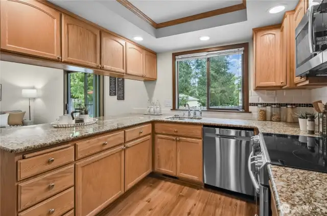 Granite countertops, stainless steel appliances, and task lighting along with pullouts in most of the cabinetry.