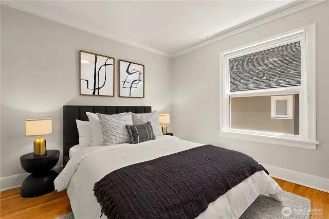 Main level primary bedroom located off the. living room.