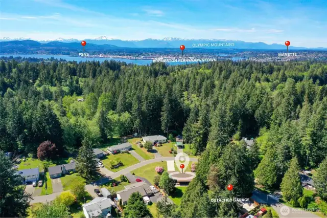 This is an interesting picture showing the location of the house compared to the local Ferry terminal, PSNS and Manette. Of course it also shows the beauty of the area with the Olympic mountains and the water ways.