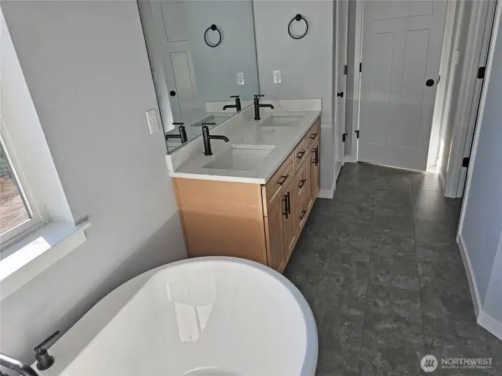 Double vanity sinks with quartz countertops