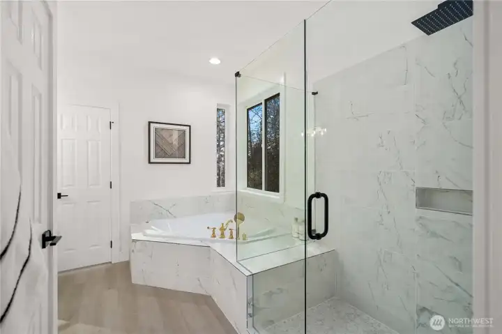 Fully remodeled spa-inspired primary bath    New modern vanity and cabinetry