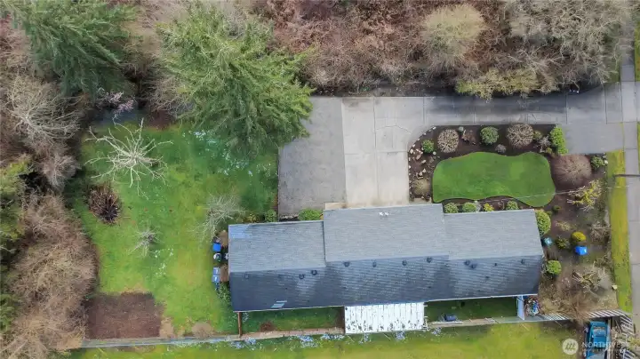 Another overhead shot showing the back portion of the 1/2 acre lot. It goes beyond the shrubs on the left.