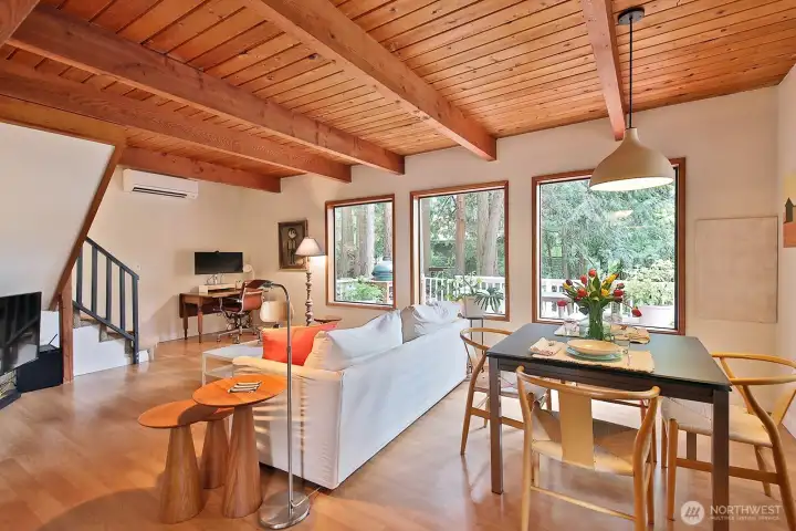 Three large windows make up the southern wall of the home, bringing in plenty of natural light. Your back is to the kitchen. Gorgeous tongue-and-groove ceiling. Note the ductless mini-split.