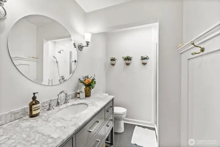 Beautiful main floor bathroom with skylight flooding the space with light.