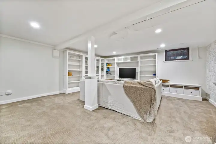 Lower floor entertainment and media room with plenty of space and storage.