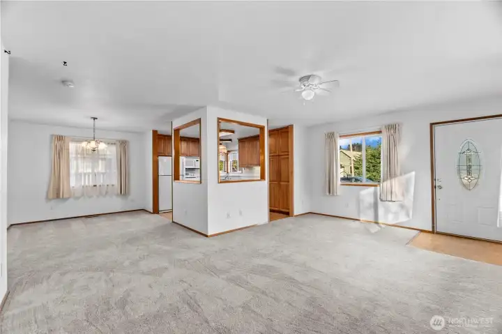 Living room and dining room to the left towards the kitchen