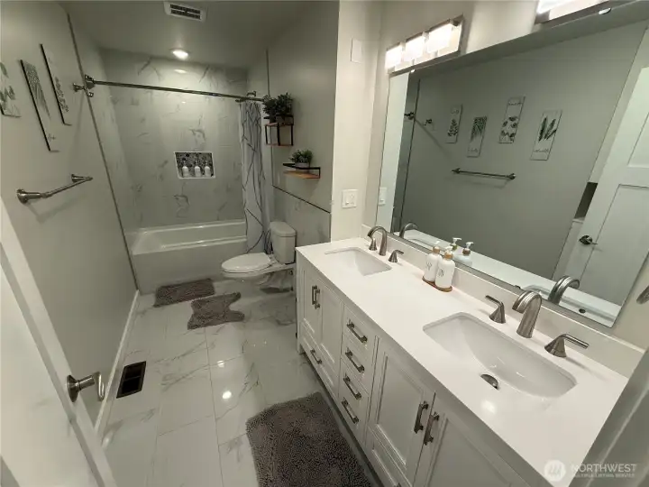Upstairs bath with double vanity