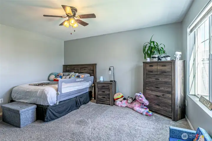 Third bedroom with a walkin closet and ceiling fan.