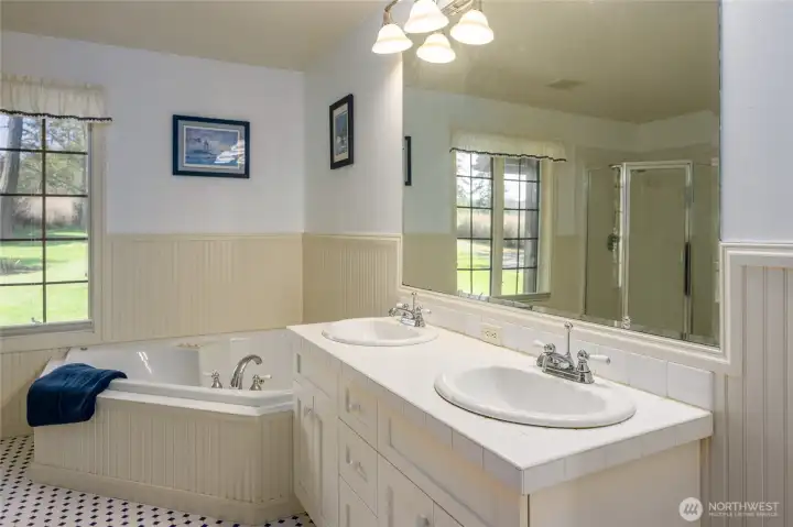 Primary bathroom with the shower reflected in the mirror.