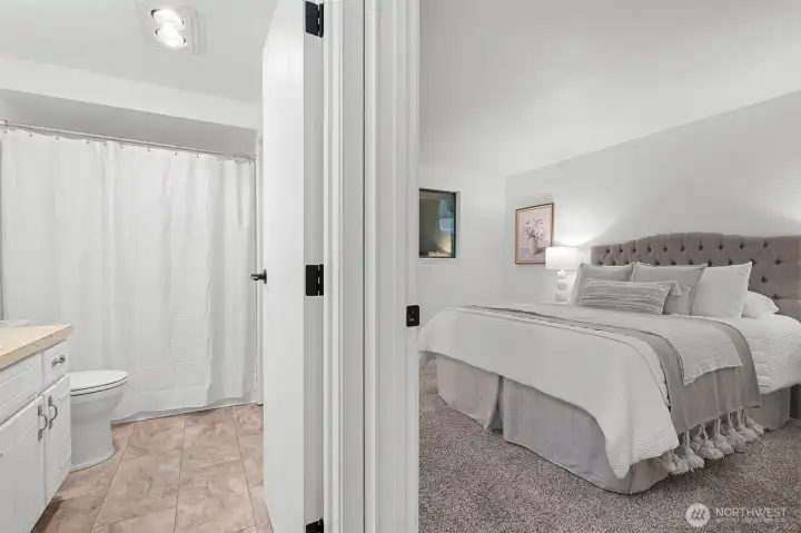 Primary suite and bath combination creates a comfortable and private living arrangement.