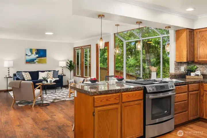 Open Floor Concept Between the Chef's Kitchen and Family Room with a Walkout to the Back Yard Patiio