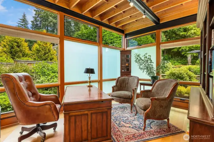 The study with garden and fountain views.