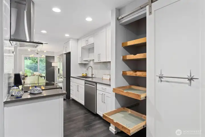 Don't miss the barn door pantry with convenient pull outs