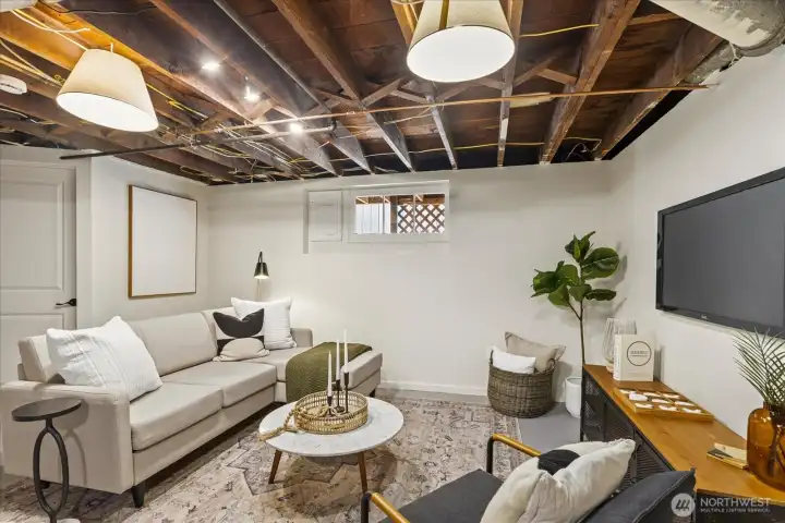 Downstairs rec room...plenty of room to watch movies, game night or just relax.  Door to the left leads to the lower level bedroom.