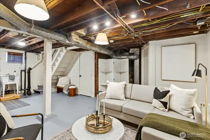 Another view of the space downstairs.  Door leads to the garage.