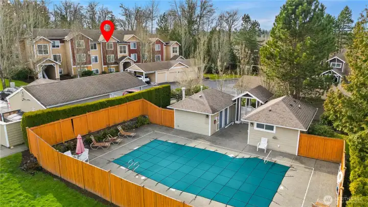 The Community Swimming Pool / The Red Marker is where this condo is located