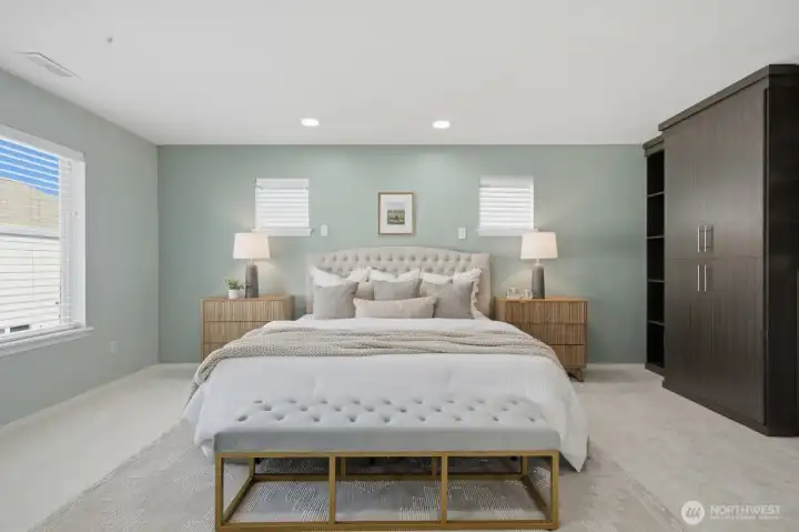 The spacious primary suite will spoil you with a retreat area, a luxurious remodeled bath w/ dual vanities, skylight & a walk-in closet enhanced w/ a custom organization system. The spacious primary suite will spoil you with a retreat area, a luxurious remodeled bath w/ dual vanities, skylight & a walk-in closet enhanced w/ a custom organization system.