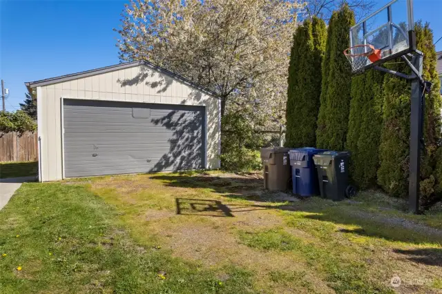 Nice-sized 2-car garage also enjoys a heater.  Basketball hoop remains with the home.