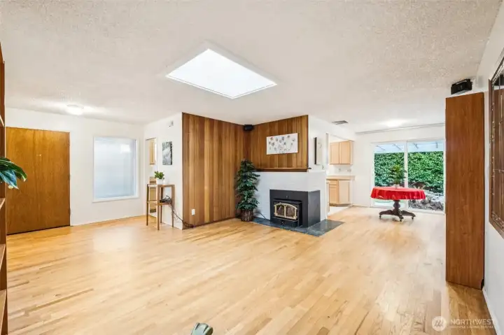 Living room with wood burning insert