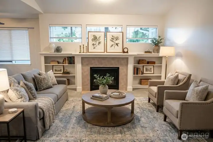 Fireplace and shelving form an inviting centerpiece that anchors the room—perfect for quiet evenings, thoughtful styling, and effortless organization.