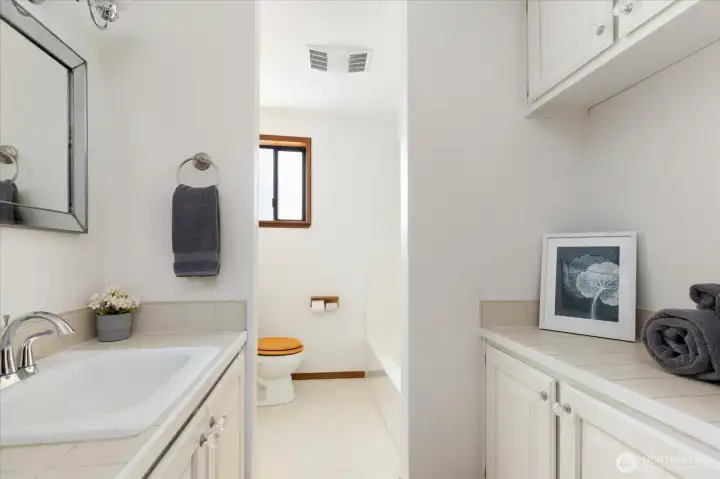 Semi-separate full tub and toilet area in primary bathroom, plus extra counter and storage