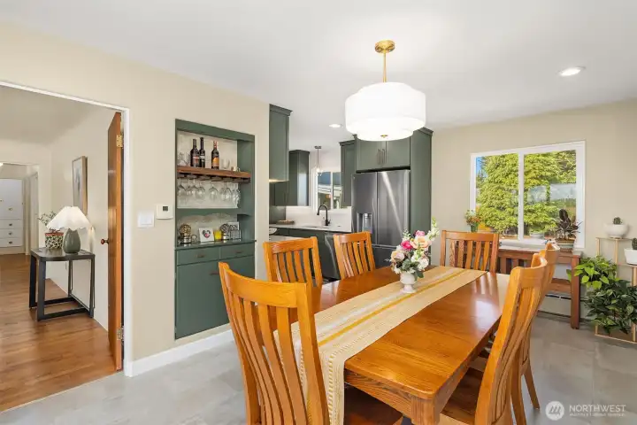 This dining room fits a huge dining table, fit for entertaining a large group.