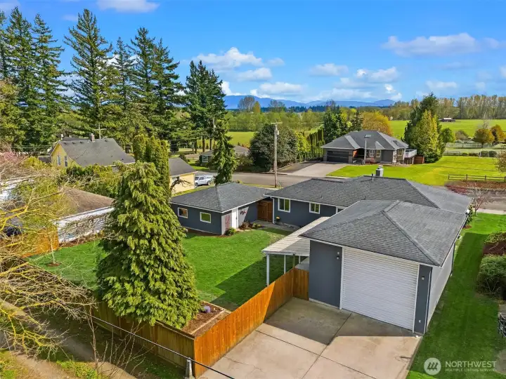 Aerial view of the alley entrance and detached shop.